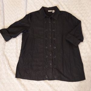Covington Black Linen & Rayon Boho eyelette & beaded blouse size 16 Lagenlook
